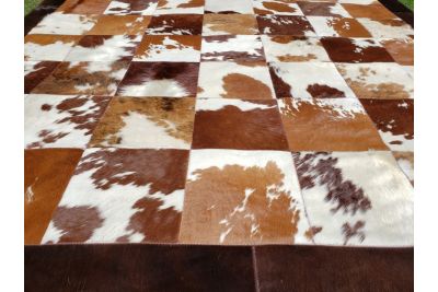 Brown & White Squares with border cowhide rug