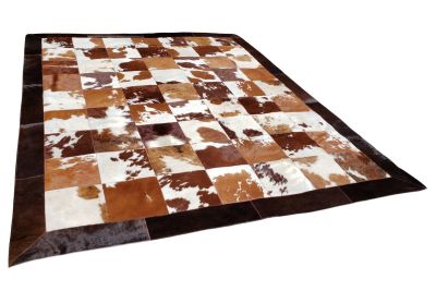 Brown & White Squares with border cowhide rug