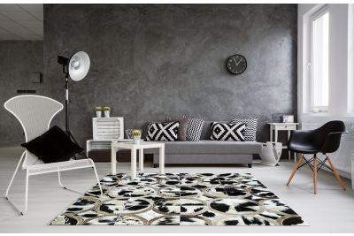 Black, white & taupe cowhide rug