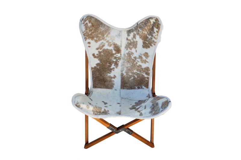Tripolina cowhide chair, brown and white & light mahogany frame 