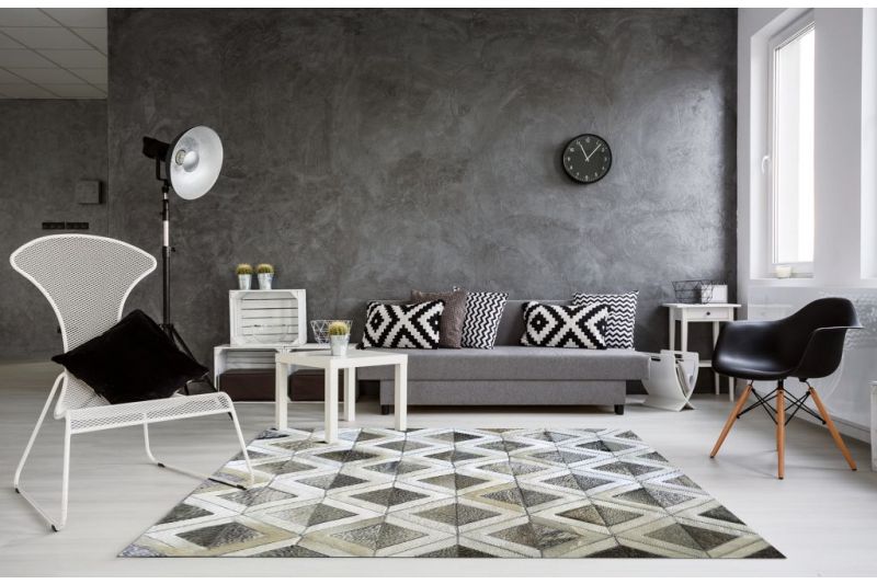 Grey and white pyramids cowhide rug